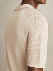 Reiss | Pointelle Open-Collar Polo Shirt in Stone