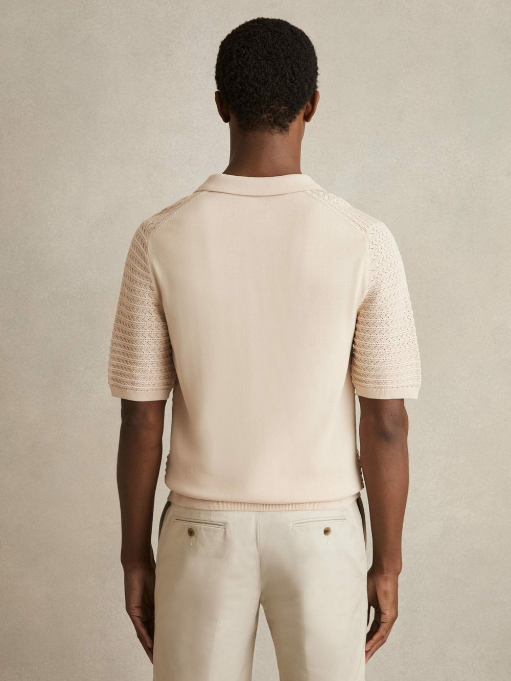 Reiss | Pointelle Open-Collar Polo Shirt in Stone