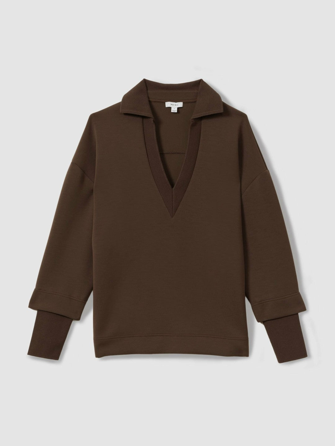 Reiss | Interlock Open-Collar Sweatshirt in Chocolate