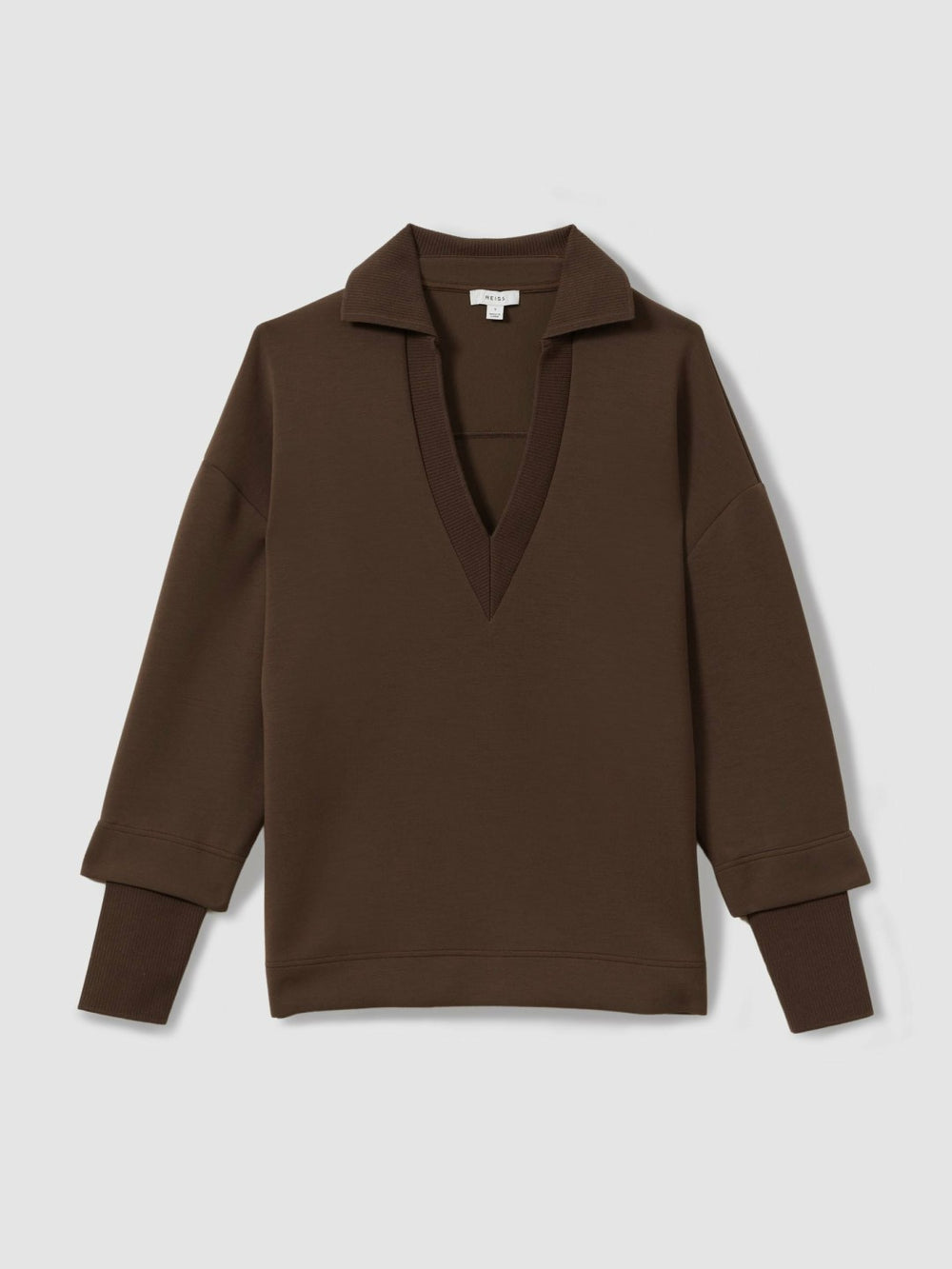 Reiss | Interlock Open-Collar Sweatshirt in Chocolate