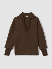 Reiss | Interlock Open-Collar Sweatshirt in Chocolate