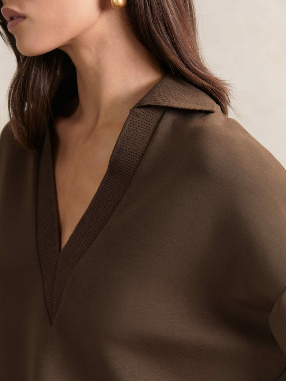Reiss | Interlock Open-Collar Sweatshirt in Chocolate