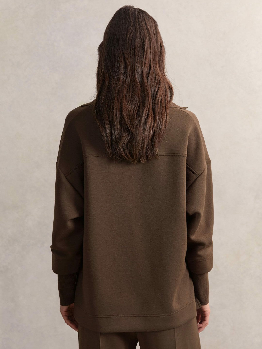 Reiss | Interlock Open-Collar Sweatshirt in Chocolate