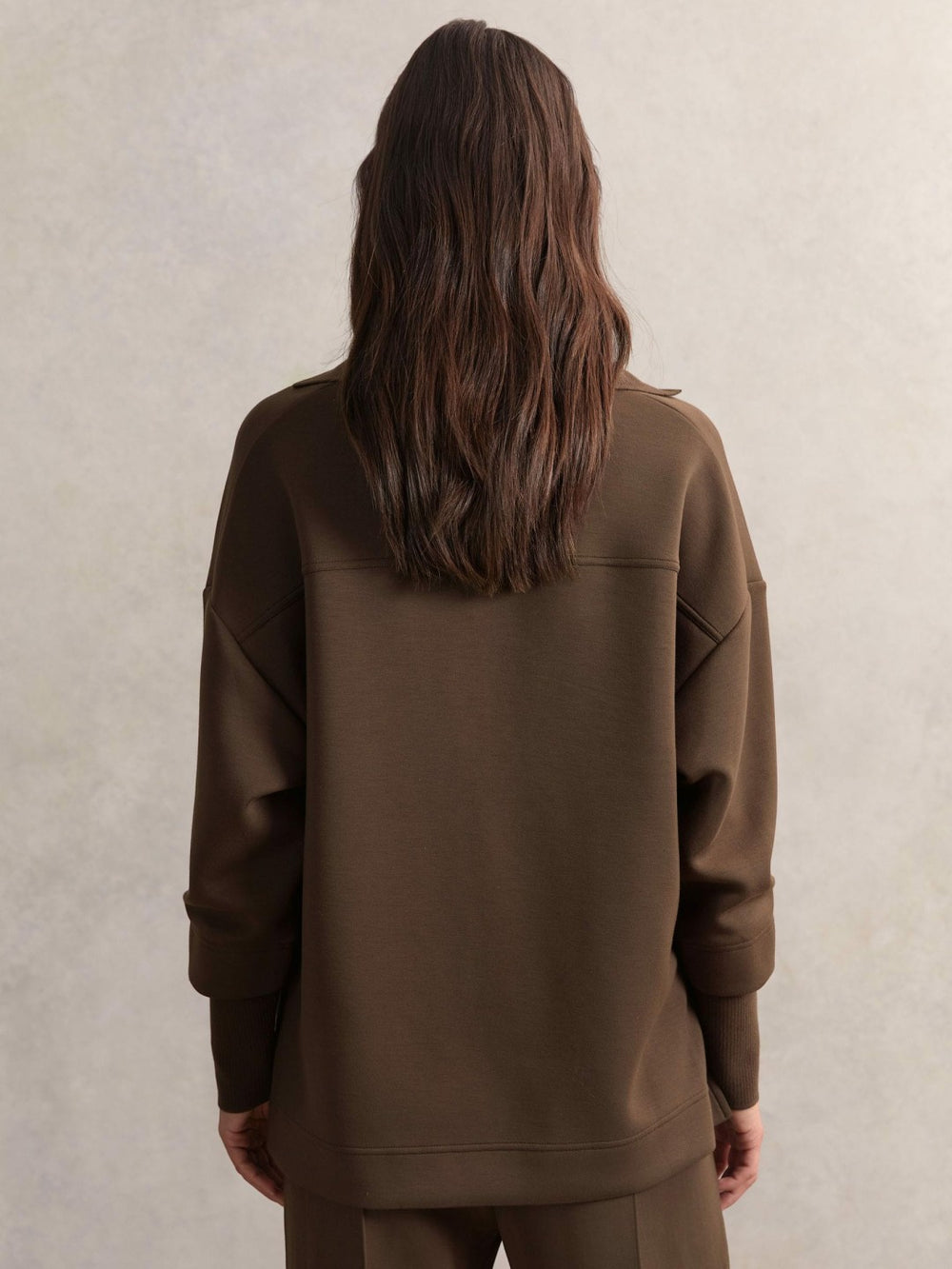 Reiss | Interlock Open-Collar Sweatshirt in Chocolate