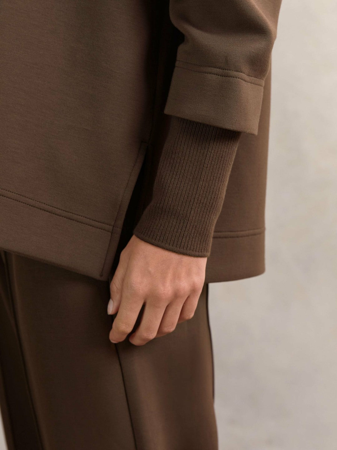 Reiss | Interlock Open-Collar Sweatshirt in Chocolate