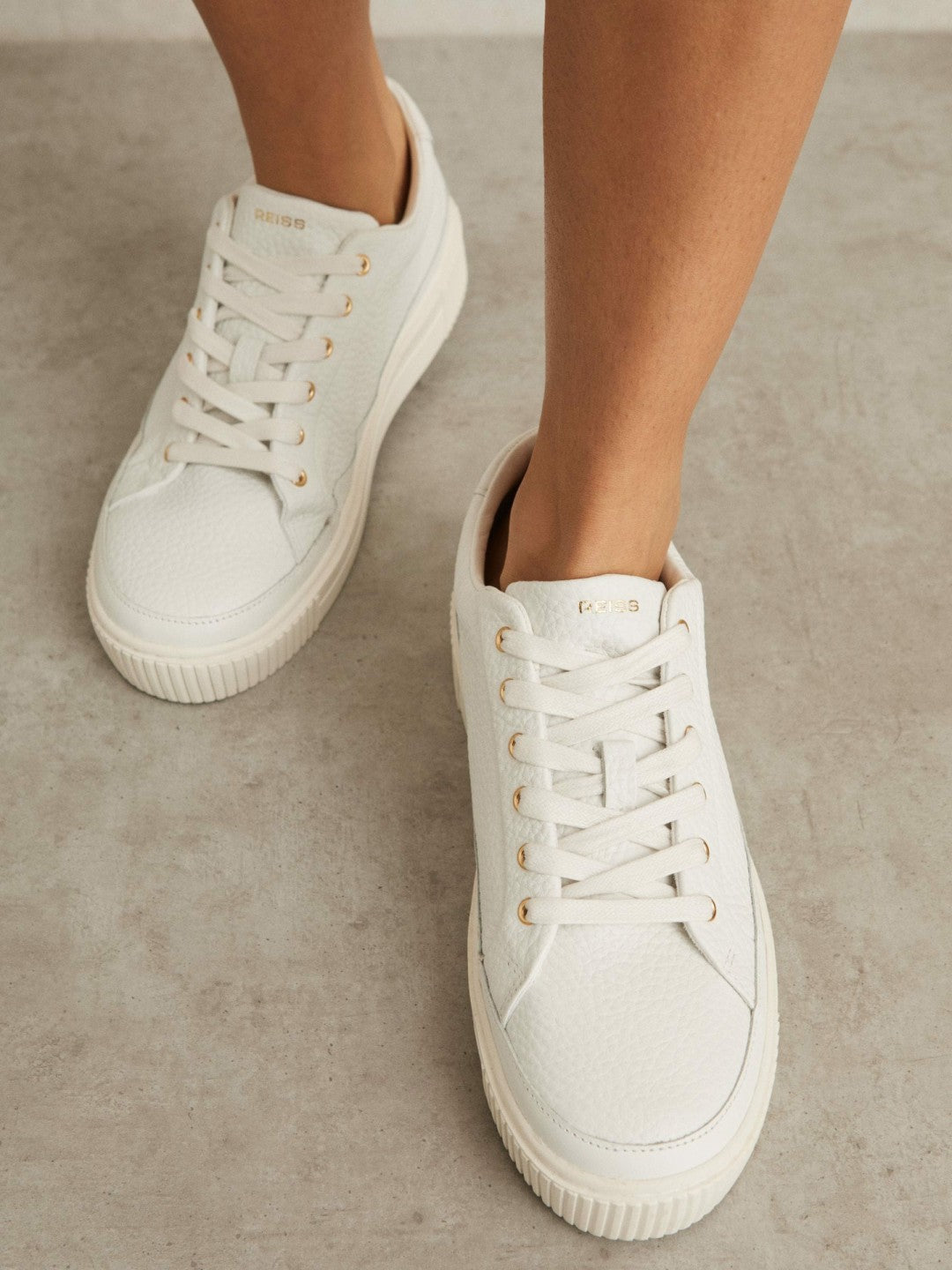 Reiss | Grained Leather Platform Trainers in White