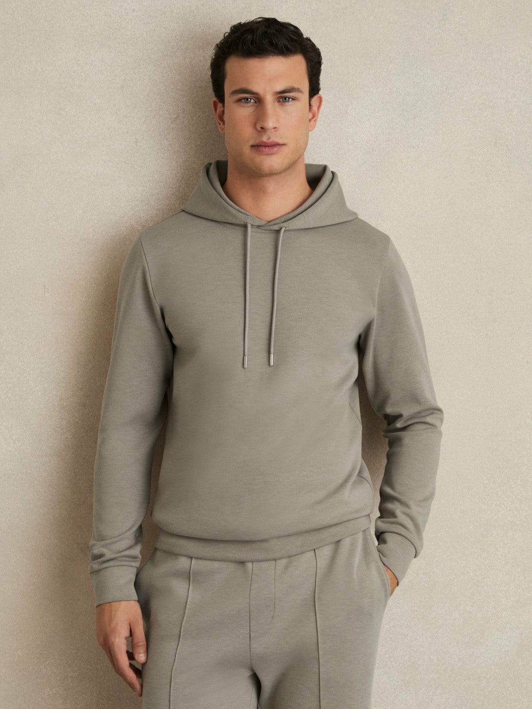 Reiss | Interlock Jersey Drawstring Hoodie in Taupe