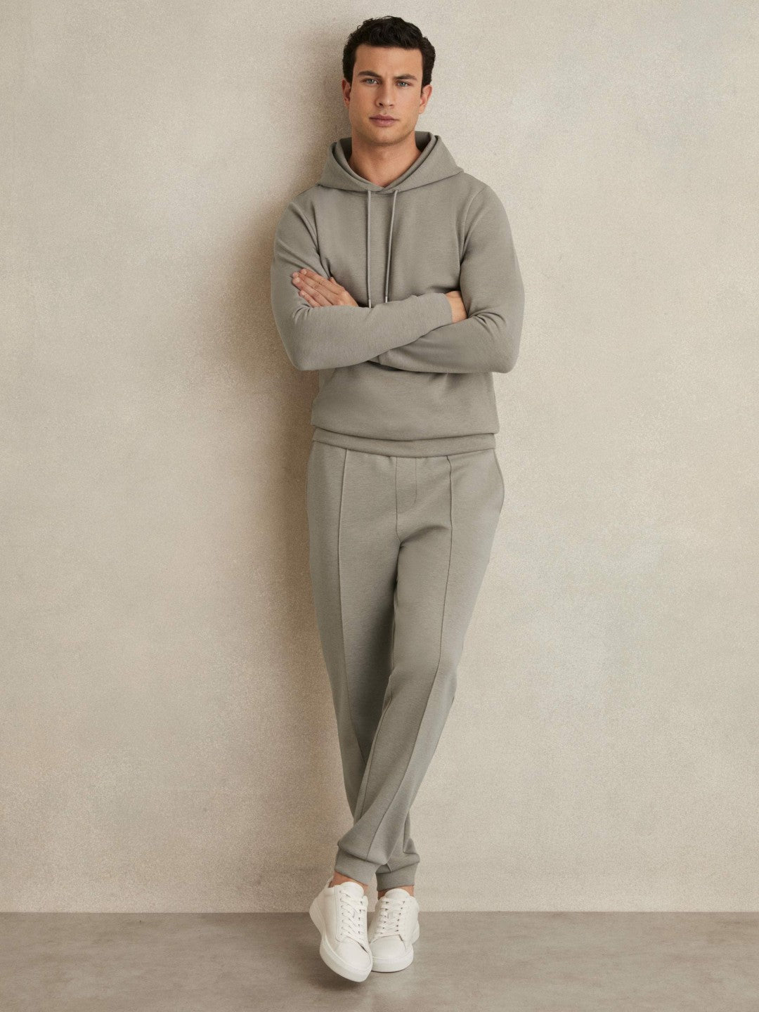 Reiss | Interlock Jersey Drawstring Hoodie in Taupe