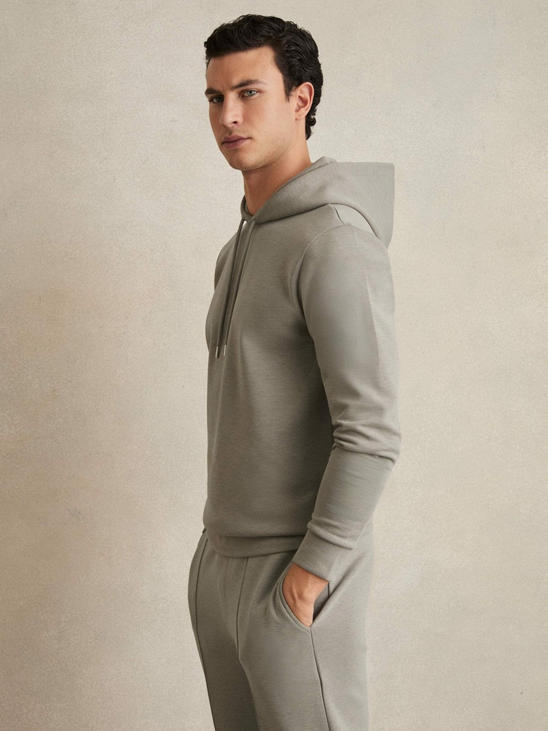 Reiss | Interlock Jersey Drawstring Hoodie in Taupe