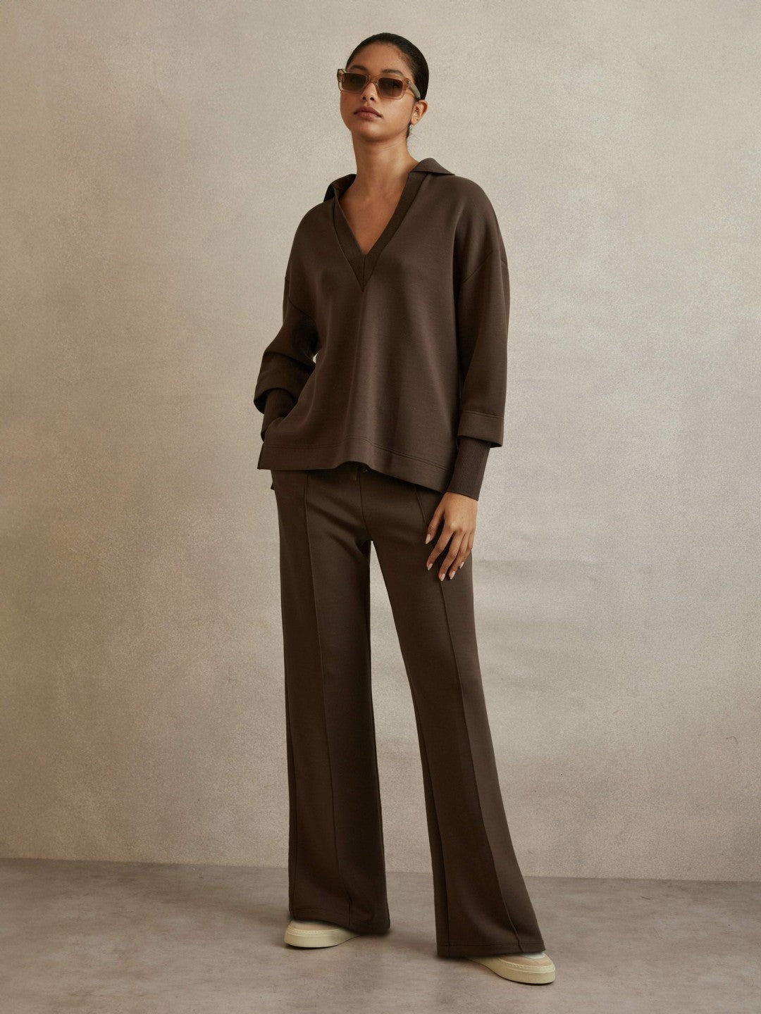 Reiss | Interlock Wide-Leg Joggers in Chocolate