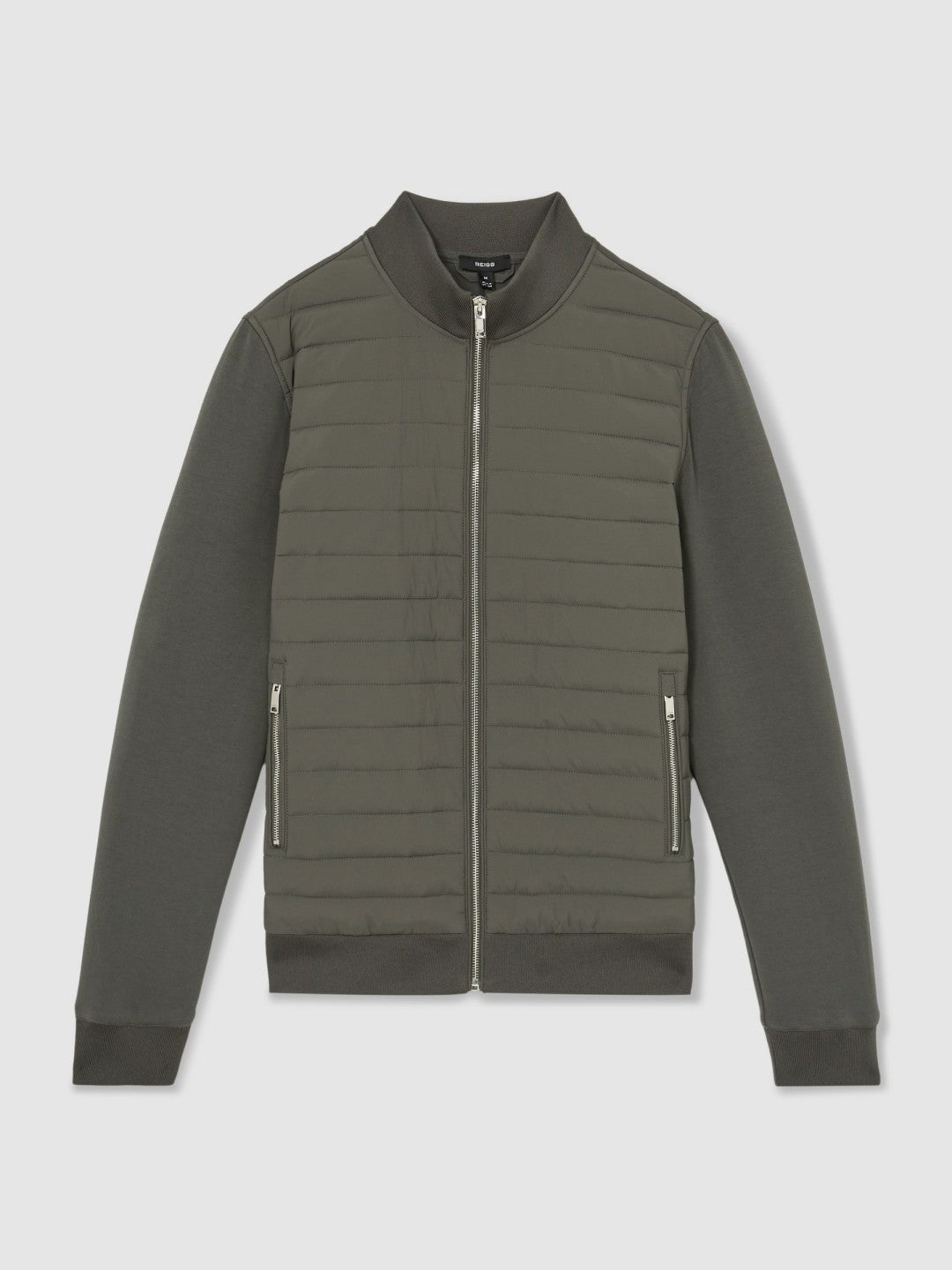 Reiss | Hybrid Quilt and Knit Zip-Through Jacket in Sage