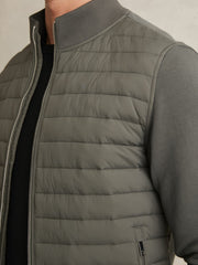 Reiss | Hybrid Quilt and Knit Zip-Through Jacket in Sage