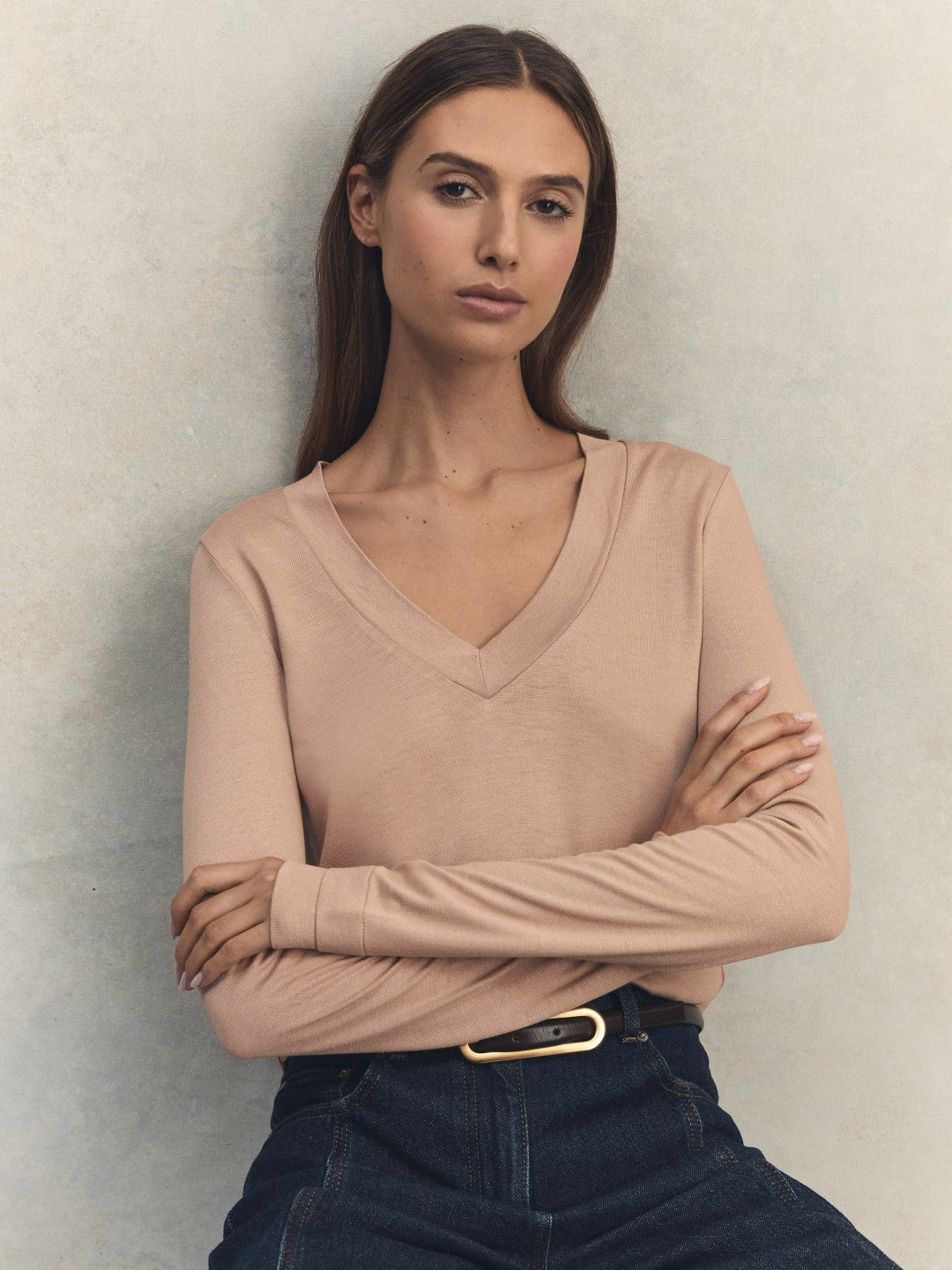 Reiss | Jersey V-Neck Top in Camel