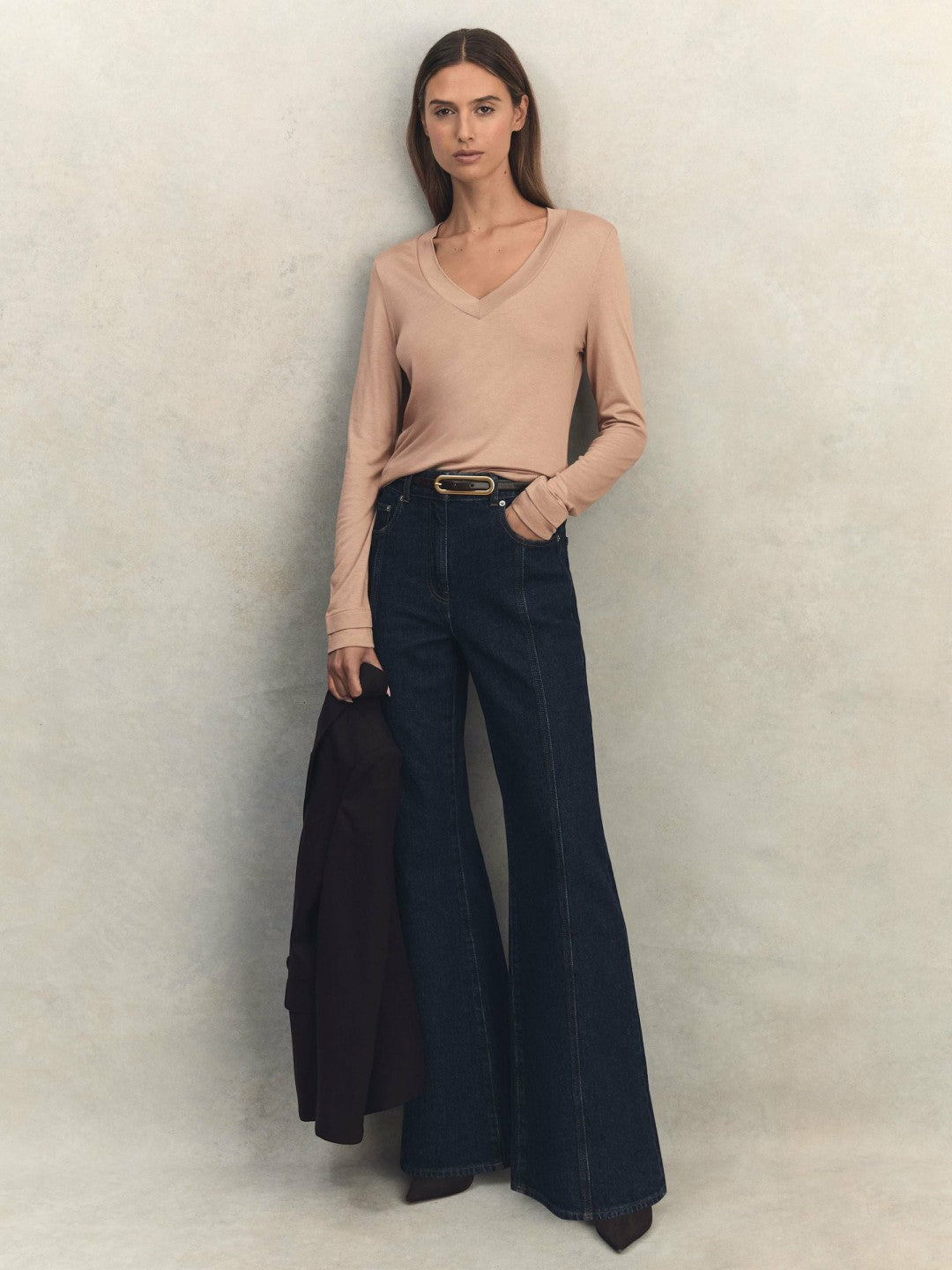 Reiss | Jersey V-Neck Top in Camel
