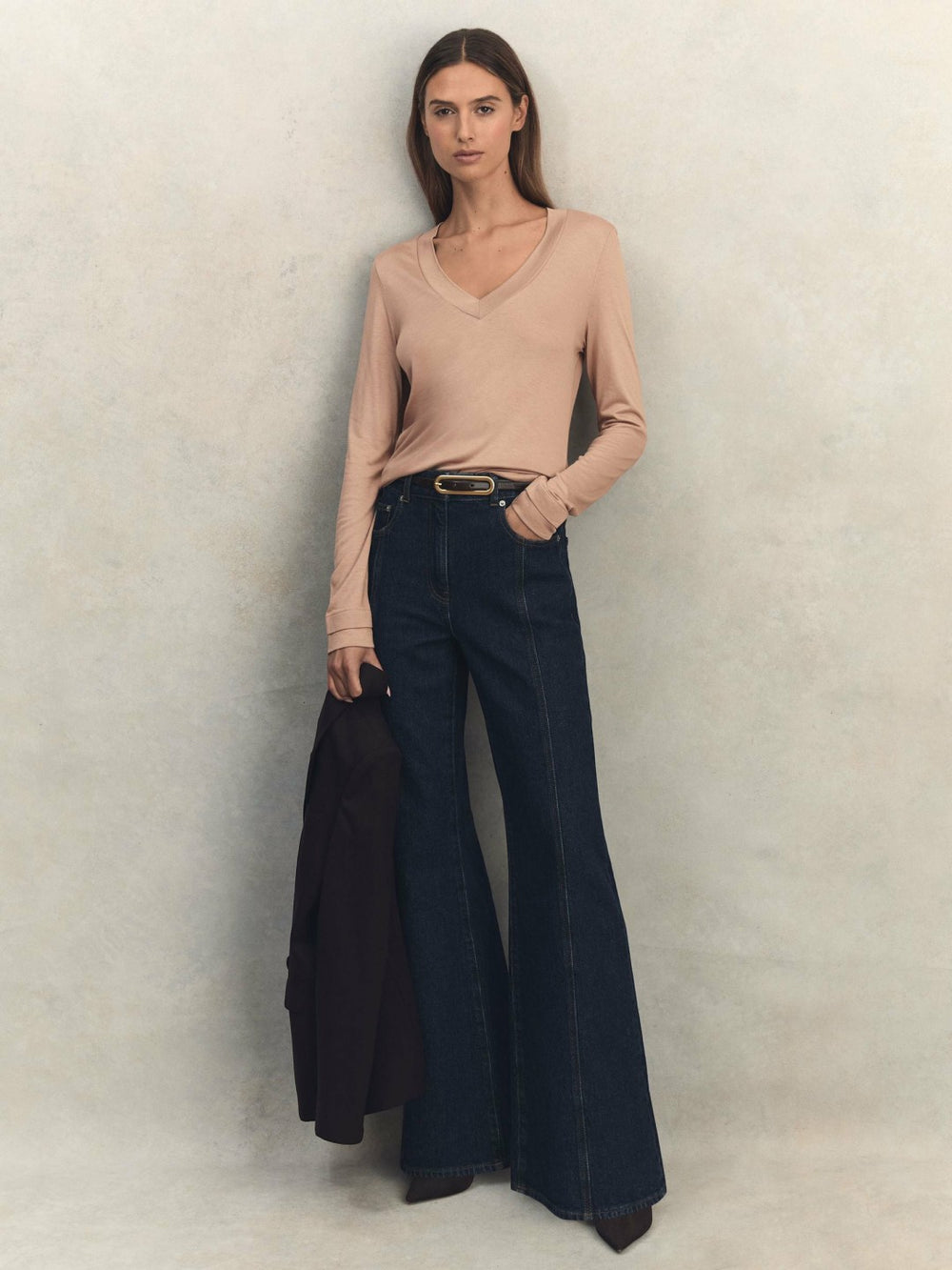 Reiss | Jersey V-Neck Top in Camel