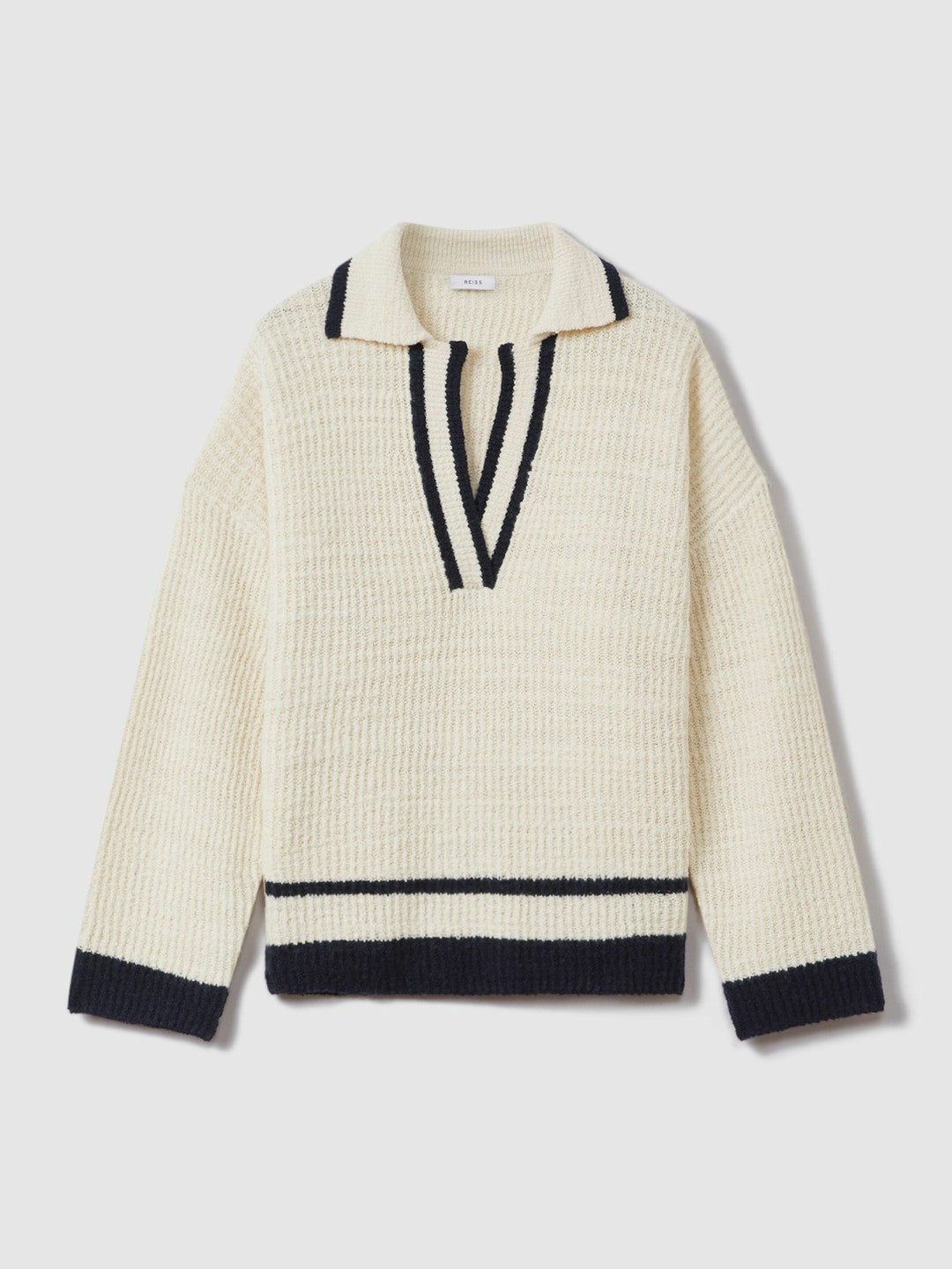 Reiss | Wool Blend Open Collar Jumper in Cream/Navy