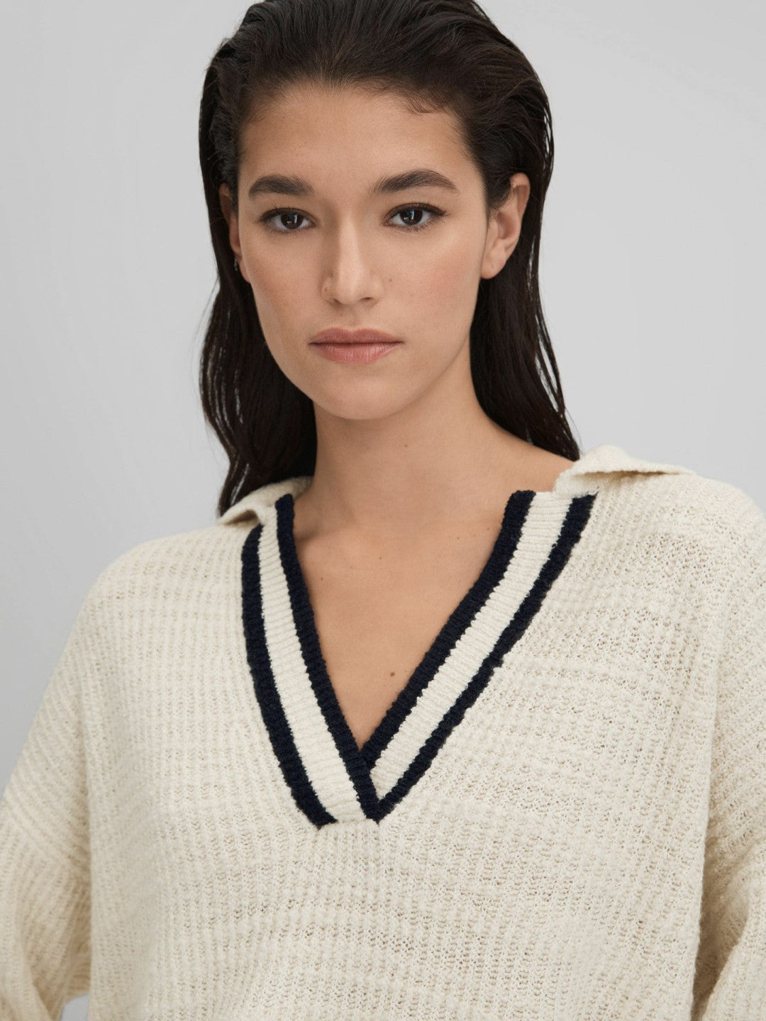 Reiss | Wool Blend Open Collar Jumper in Cream/Navy