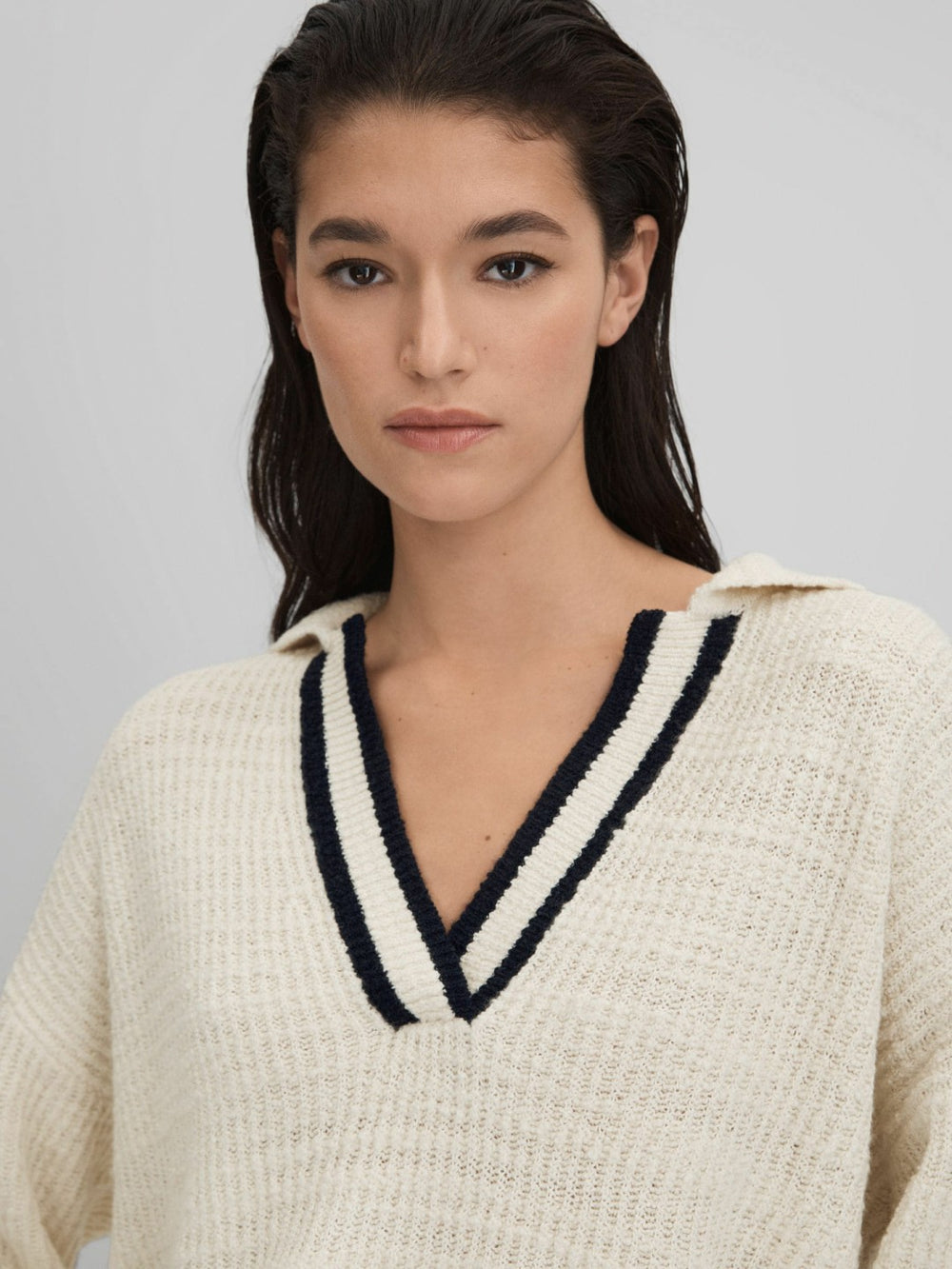 Reiss | Wool Blend Open Collar Jumper in Cream/Navy
