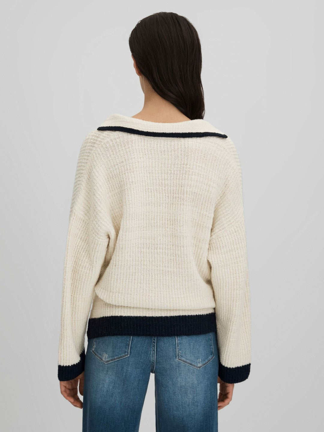 Reiss | Wool Blend Open Collar Jumper in Cream/Navy