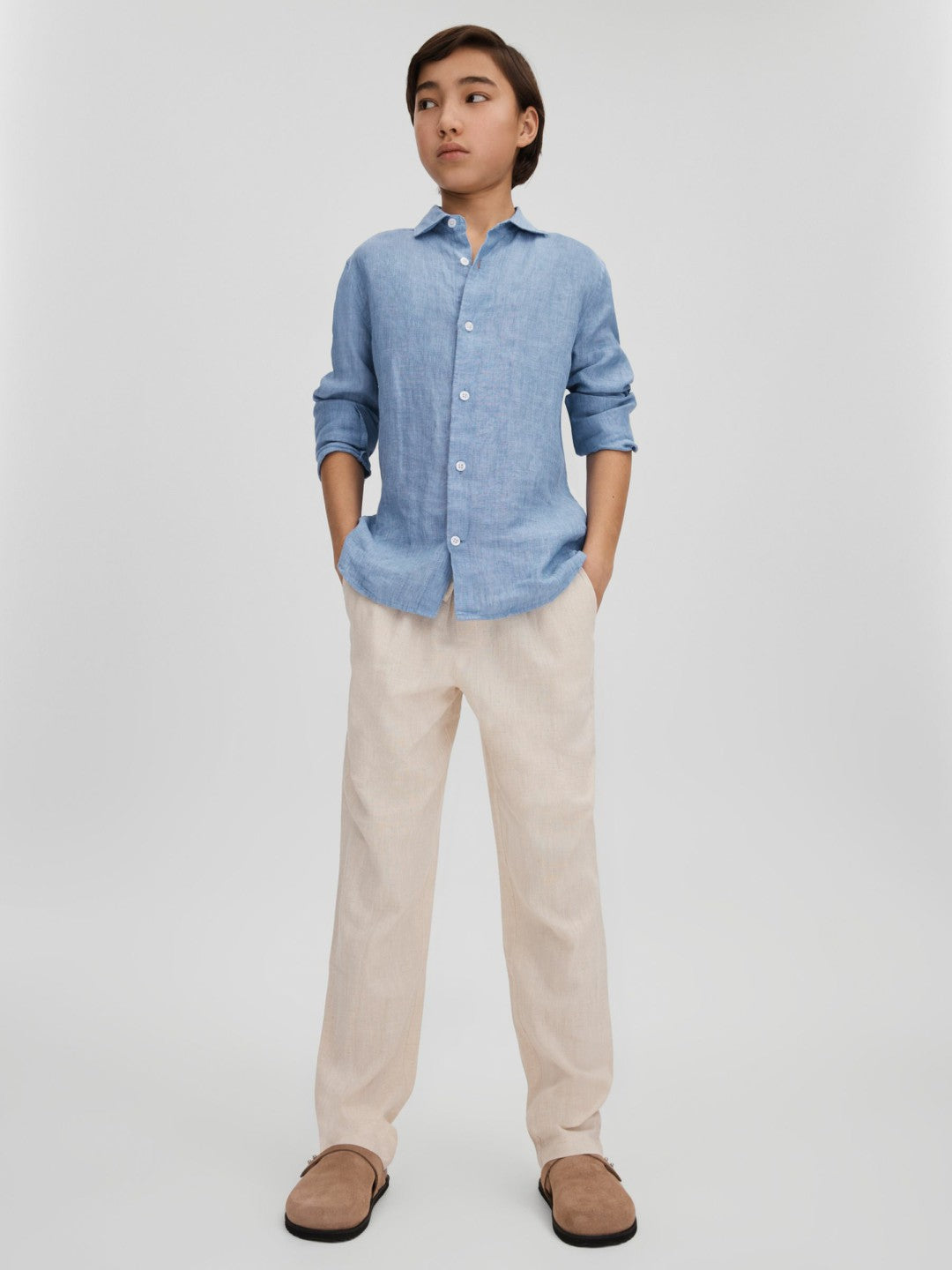 Reiss | 3-9 yrs Striped Linen Cutaway Collar Shirt in Sky Blue