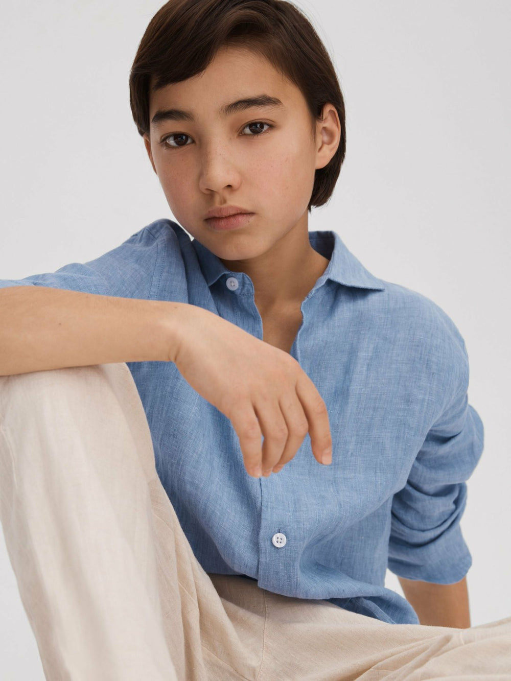 Reiss | 3-9 yrs Striped Linen Cutaway Collar Shirt in Sky Blue