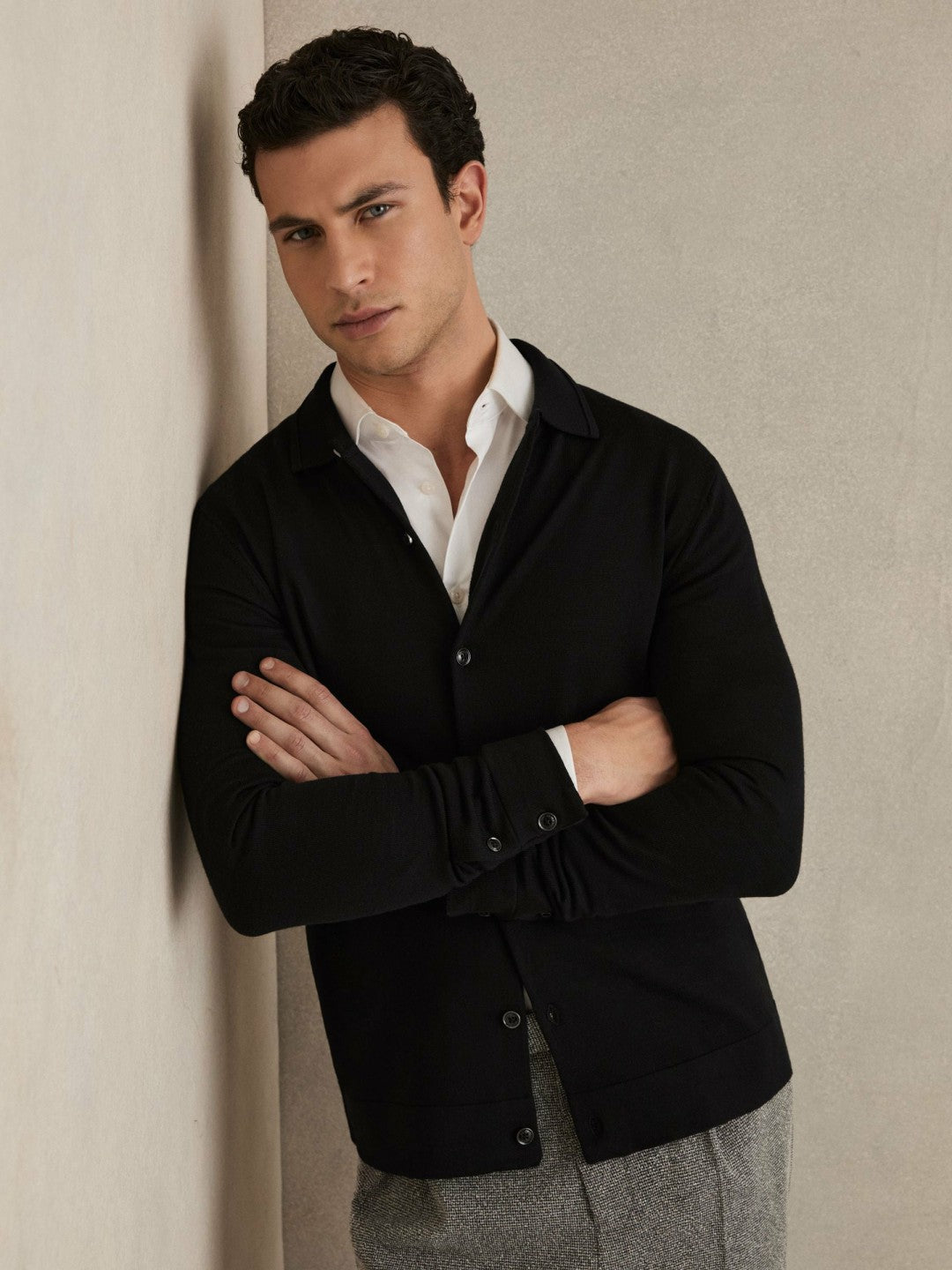 Reiss | Merino Wool Button-Through Cardigan in Black