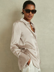 Reiss | Silk Double-Cuff Button-Through Shirt in Champagne