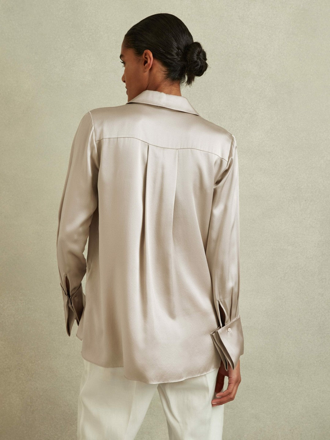 Reiss | Silk Double-Cuff Button-Through Shirt in Champagne
