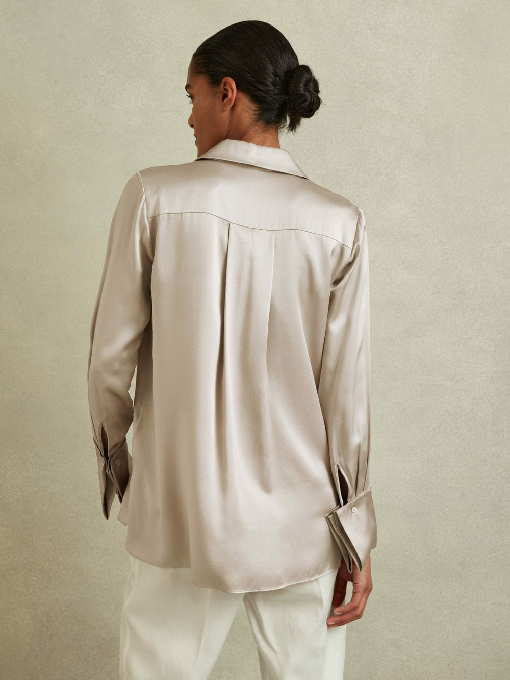 Reiss | Silk Double-Cuff Button-Through Shirt in Champagne