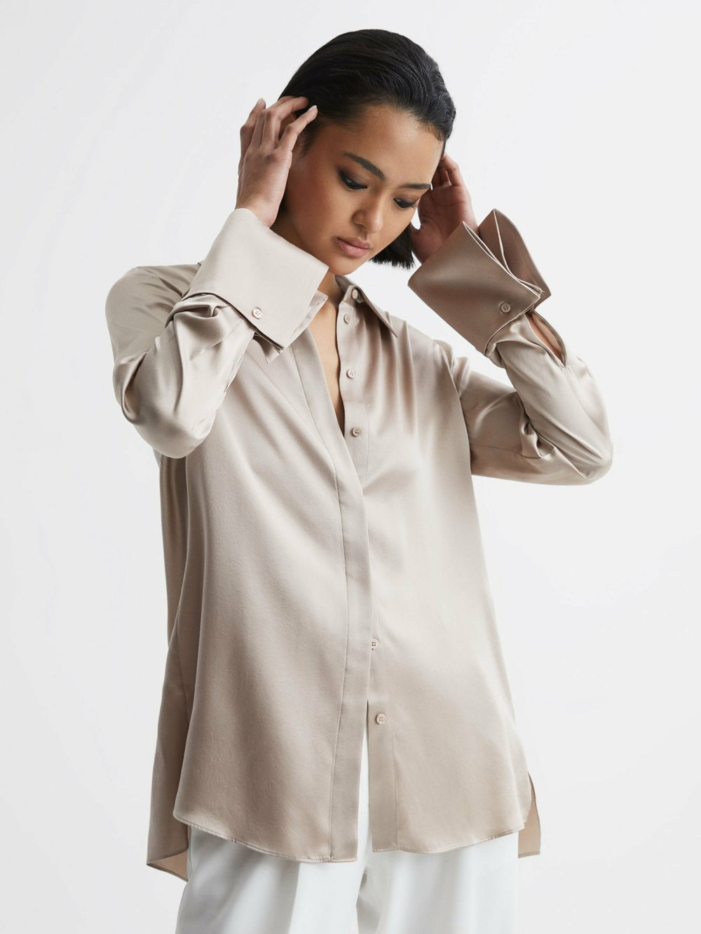 Reiss | Silk Double-Cuff Button-Through Shirt in Champagne