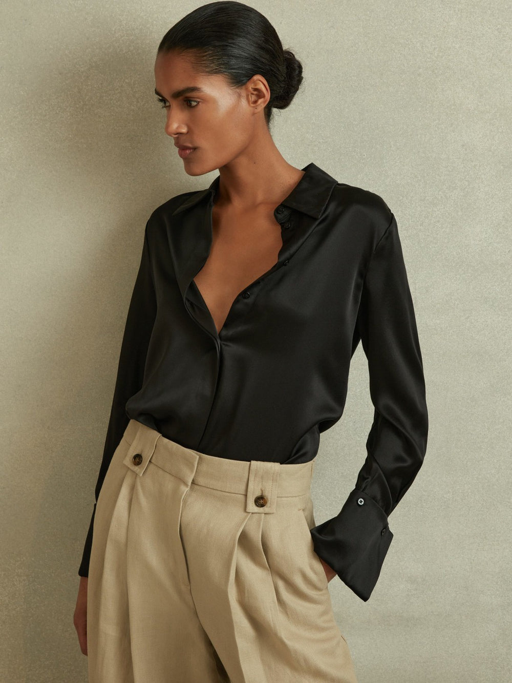 Reiss | Silk Double-Cuff Button-Through Shirt in Black