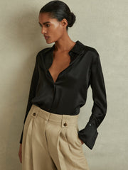 Reiss | Silk Double-Cuff Button-Through Shirt in Black