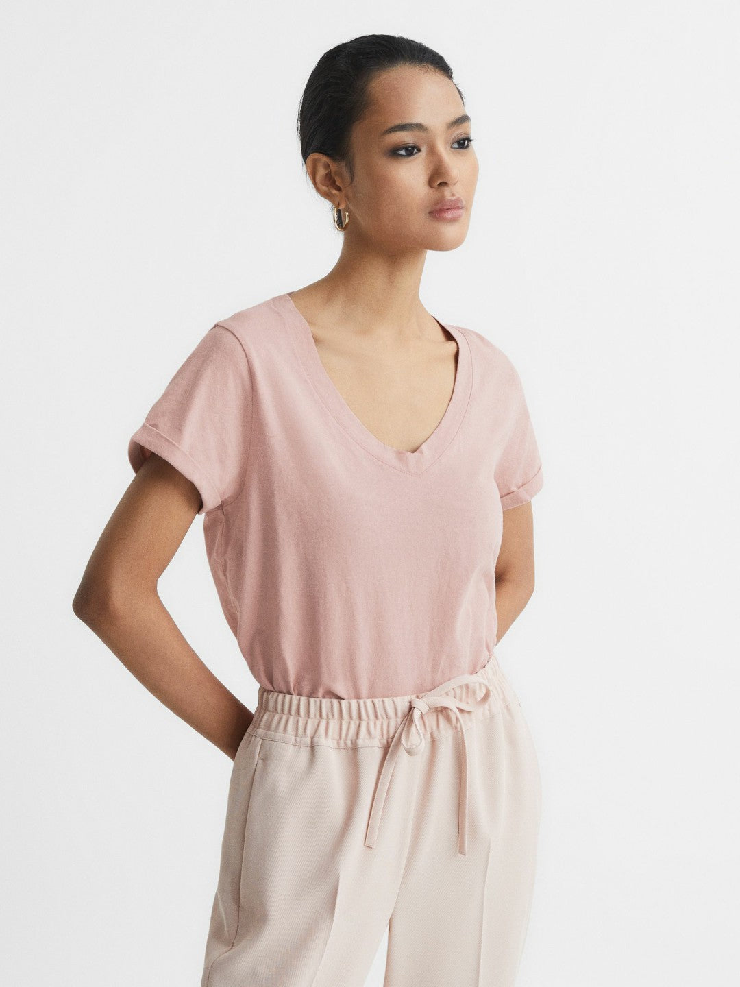 Reiss | Cotton-Jersey V-Neck T-Shirt in Light Pink