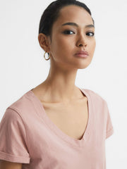 Reiss | Cotton-Jersey V-Neck T-Shirt in Light Pink