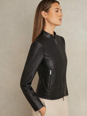 Reiss | Leather Collarless Biker Jacket in Black