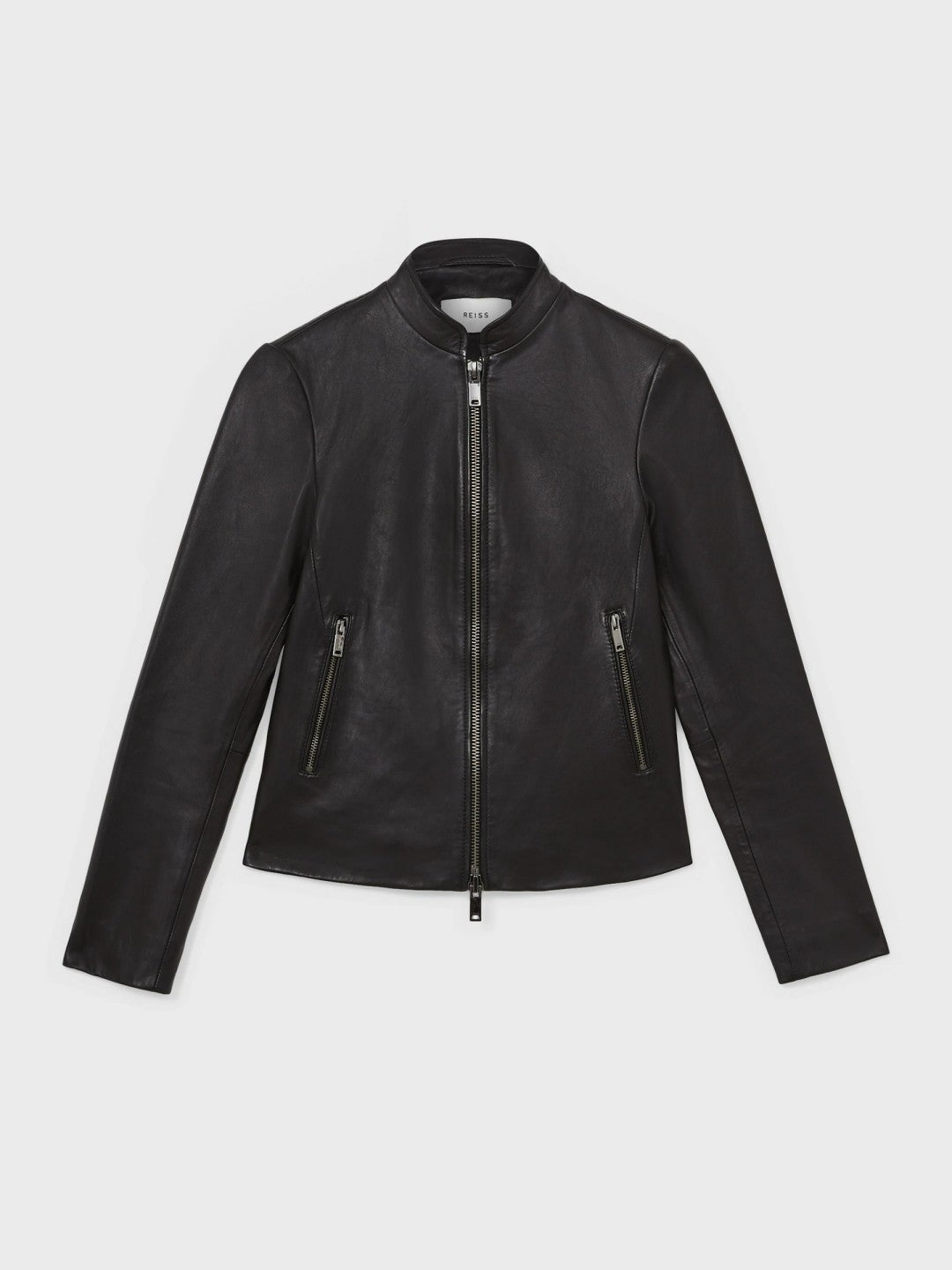 Reiss | Leather Collarless Biker Jacket in Black