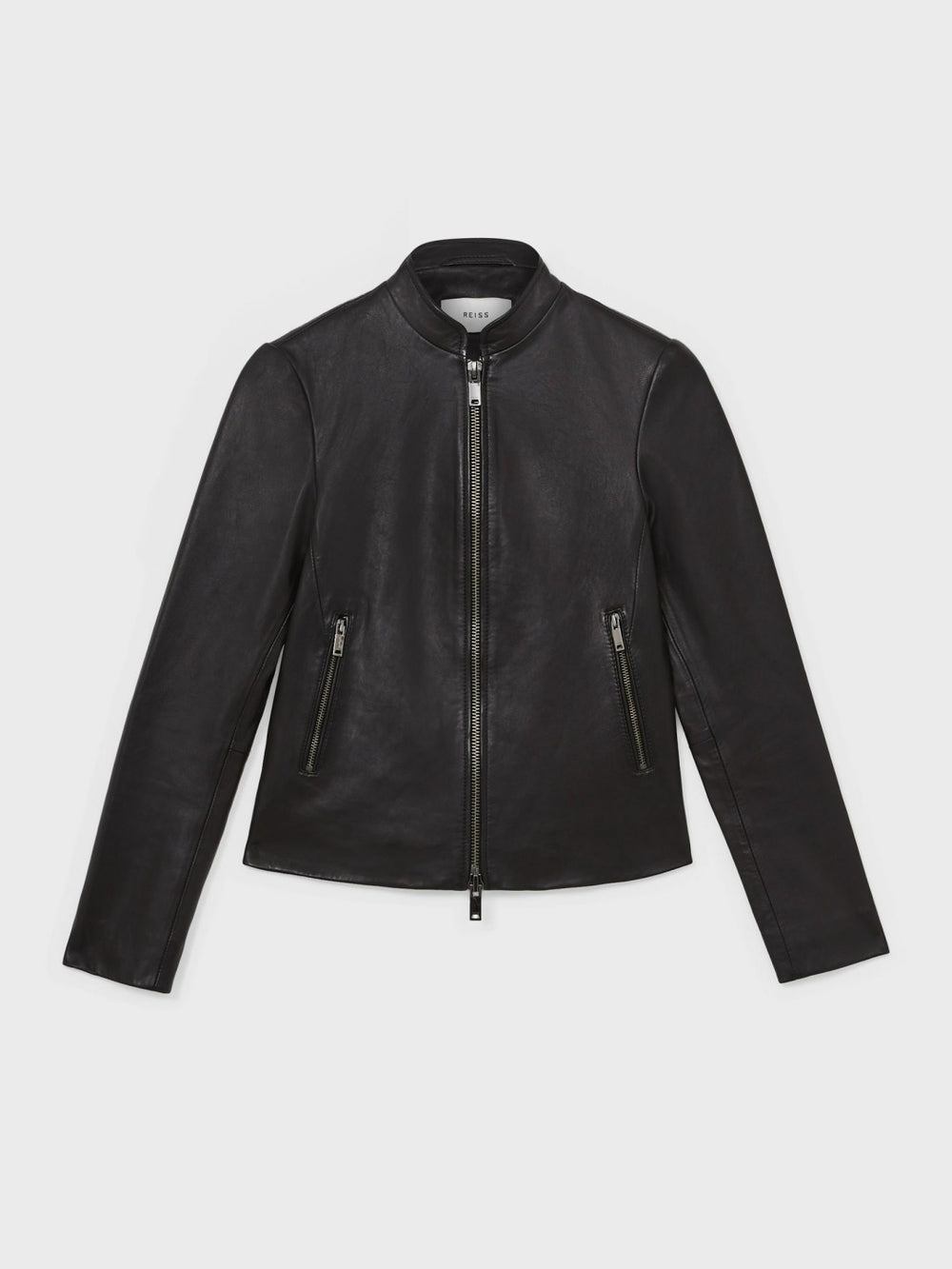 Reiss | Leather Collarless Biker Jacket in Black