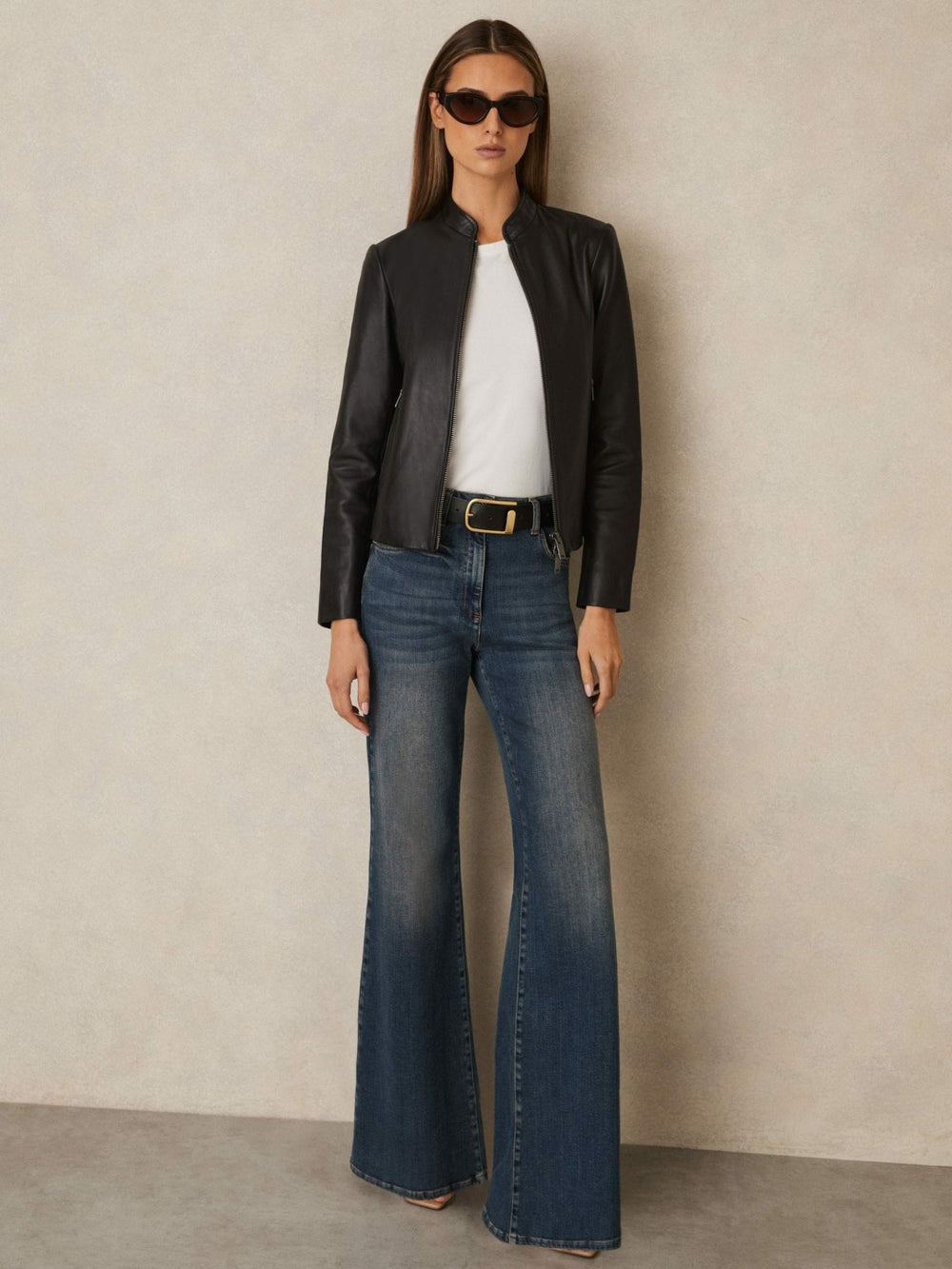 Reiss | Leather Collarless Biker Jacket in Black