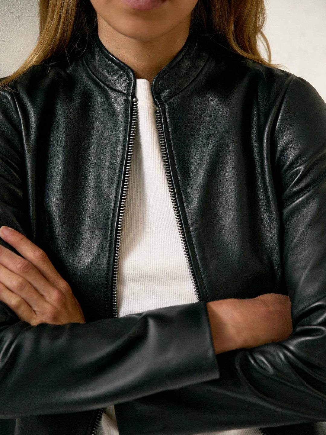 Reiss | Leather Collarless Biker Jacket in Black