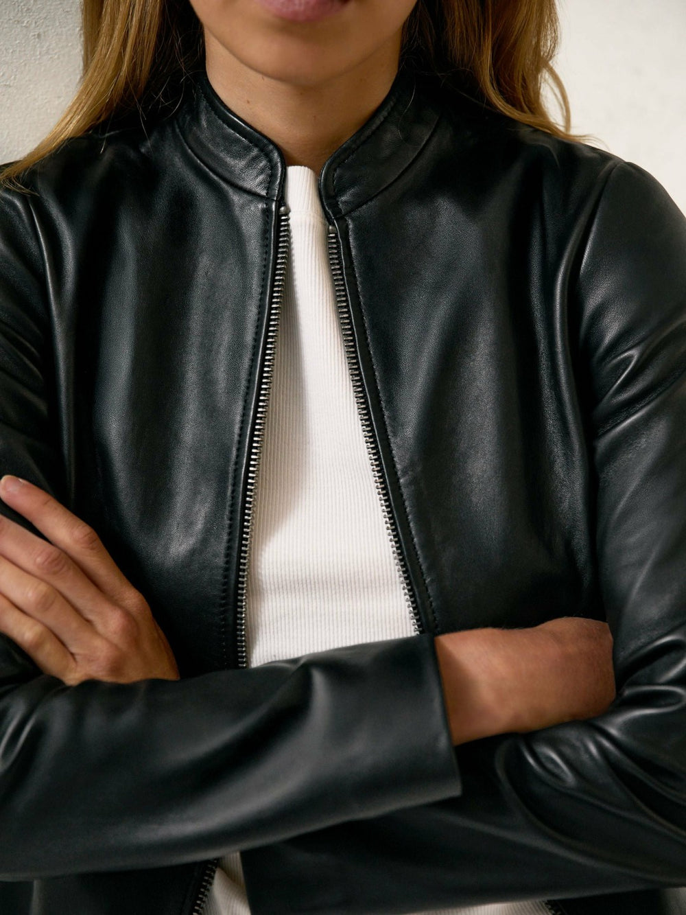Reiss | Leather Collarless Biker Jacket in Black