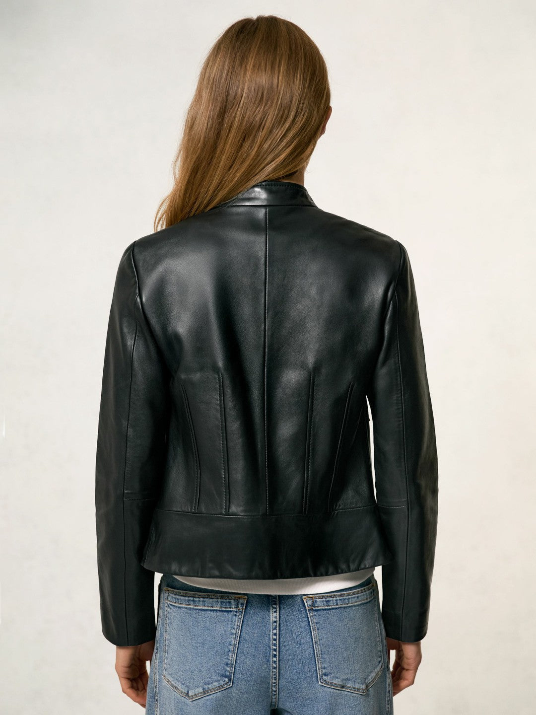 Reiss | Leather Collarless Biker Jacket in Black