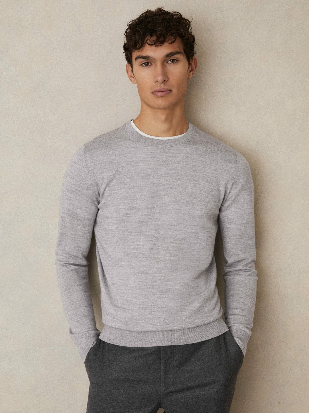 Reiss | Merino Wool Crew Neck Jumper in Soft Grey Mouline