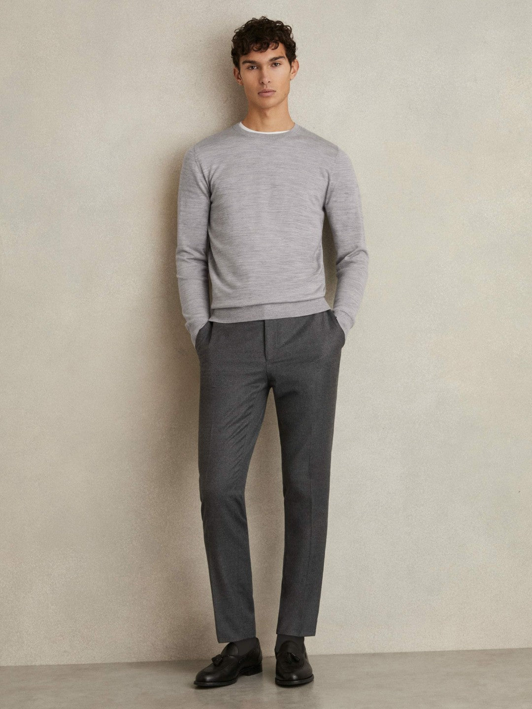 Reiss | Merino Wool Crew Neck Jumper in Soft Grey Mouline