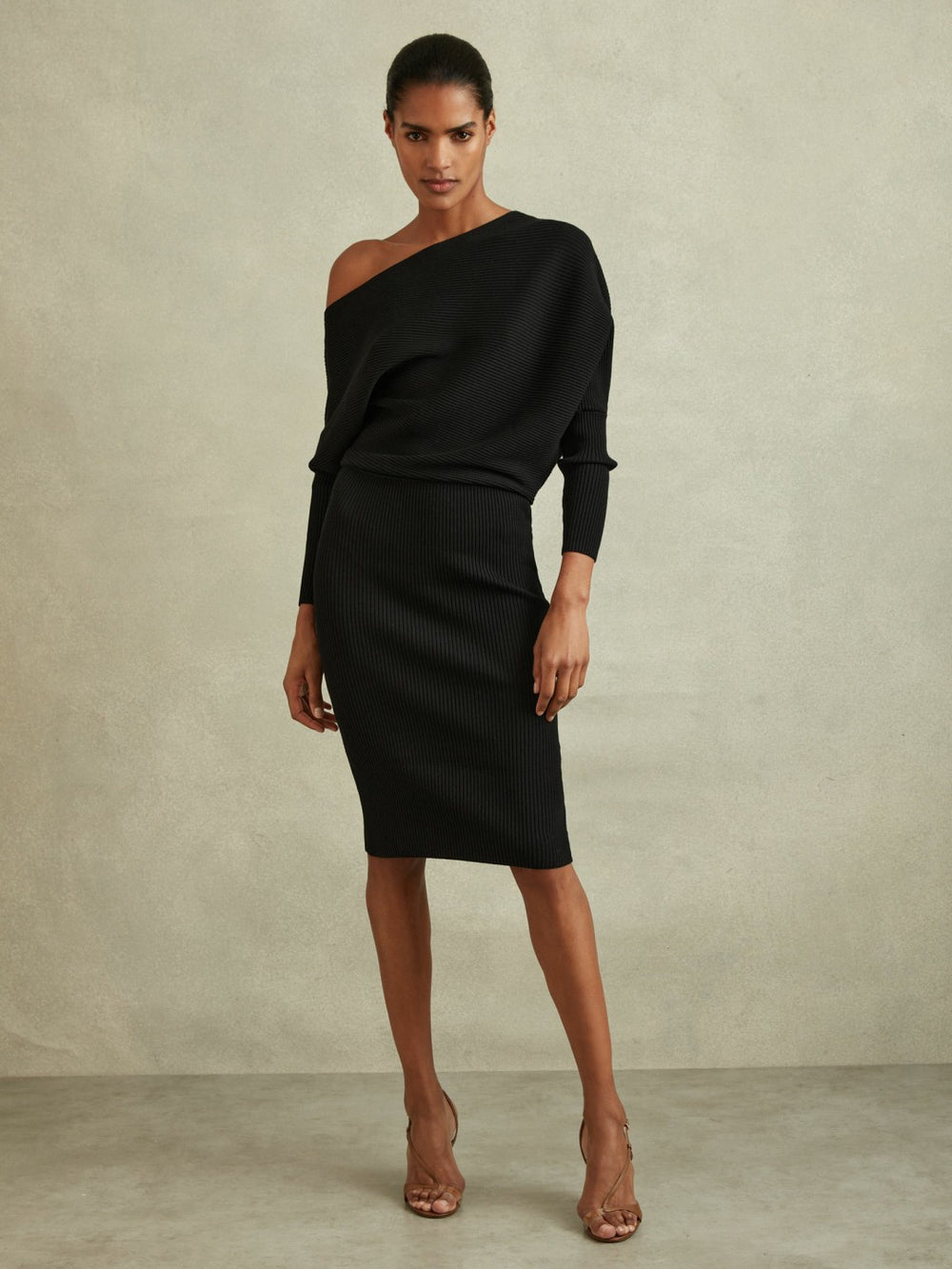 Reiss | Off-The-Shoulder Ribbed Midi Dress in Black