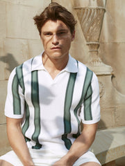 Reiss | Open Collar Striped Polo T-Shirt in White/Sage