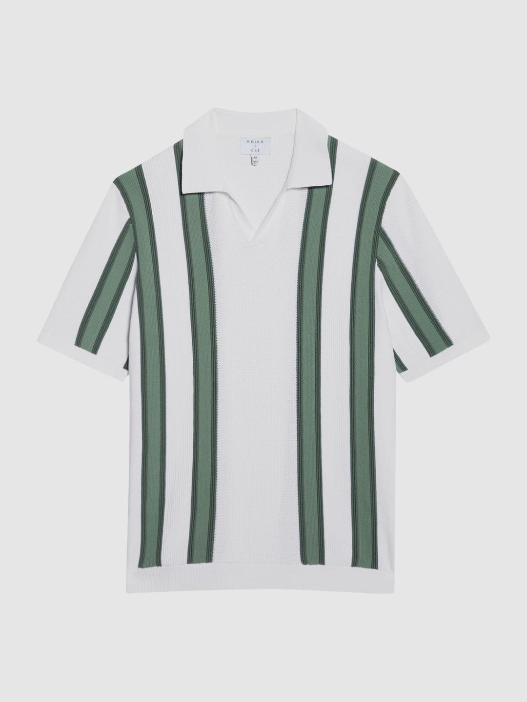 Reiss | Open Collar Striped Polo T-Shirt in White/Sage