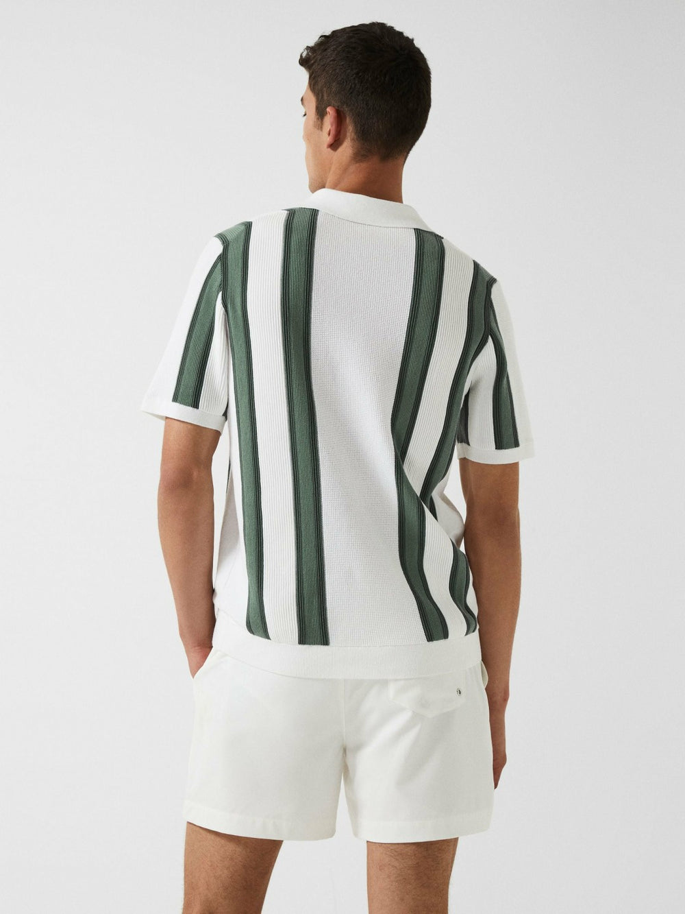 Reiss | Open Collar Striped Polo T-Shirt in White/Sage