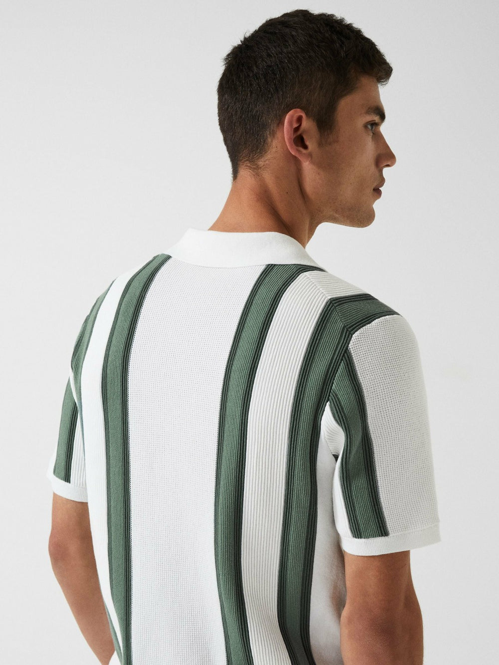Reiss | Open Collar Striped Polo T-Shirt in White/Sage