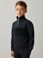 Reiss | 3-9 yrs Slim Fit Half-Zip Funnel Neck Velour Sweatshirt in Navy