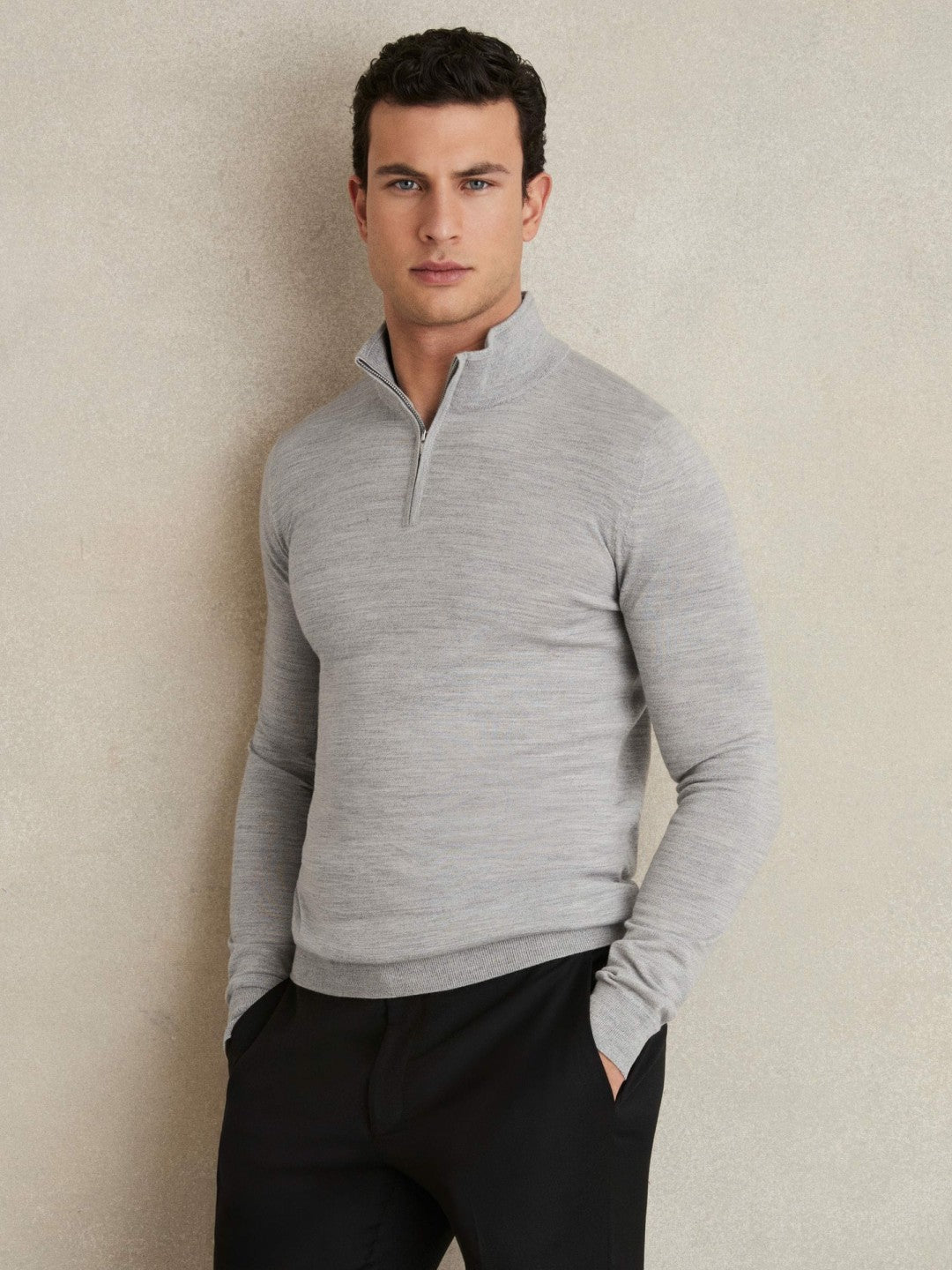 Reiss | Merino Wool Half-Zip Jumper in Soft Grey Mouline